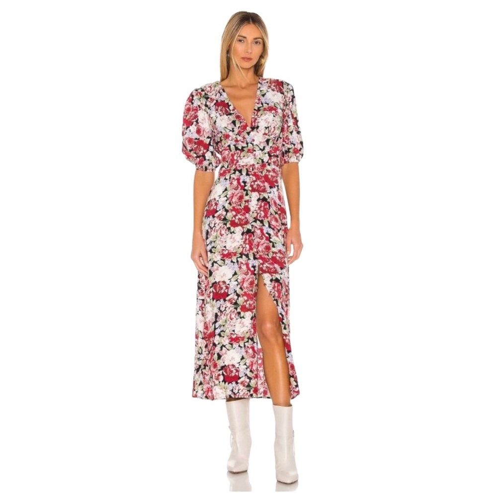 MINKPINK Kind Words Puff Sleeve Floral Print Button Down Lightweight Midi Dress